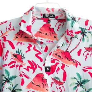 Bad Birdie Golf Polo Shirt Men's Sz L Fun Hawaiian Print Palm Trees Volcano Pink